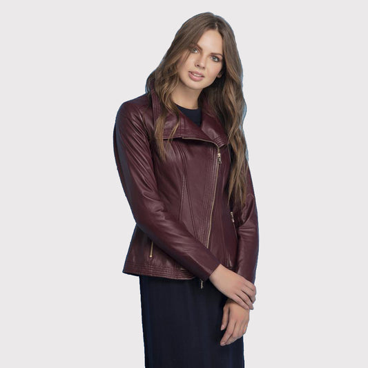 Women's Maroon Leather Jacket with Stitched Collar