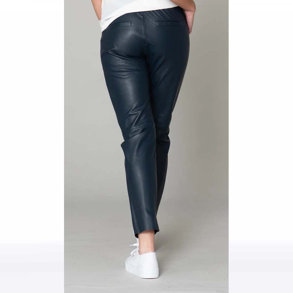 Women's Navy Blue Lambskin Leather Jogger Pants
