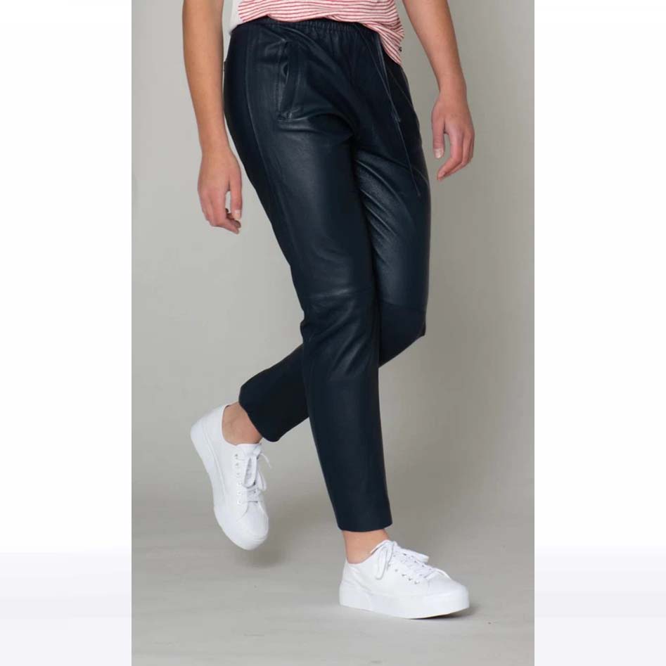 Women's Navy Blue Lambskin Leather Jogger Pants