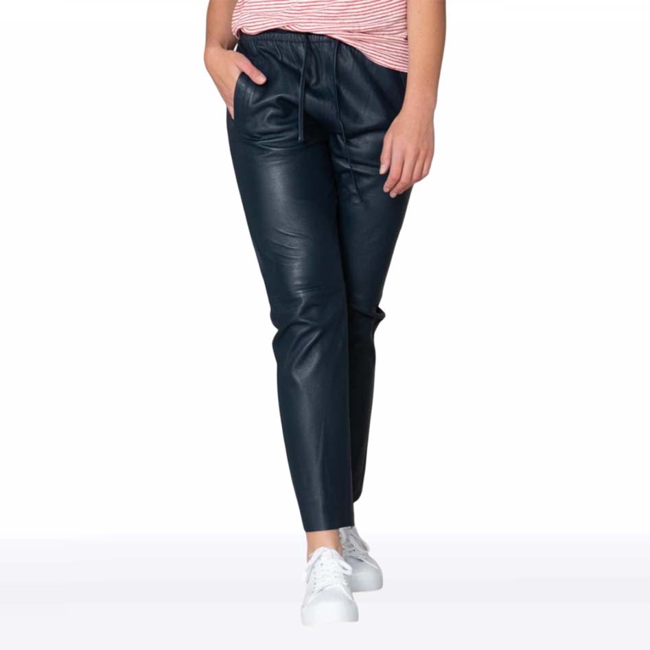 Women's Navy Blue Lambskin Leather Jogger Pants