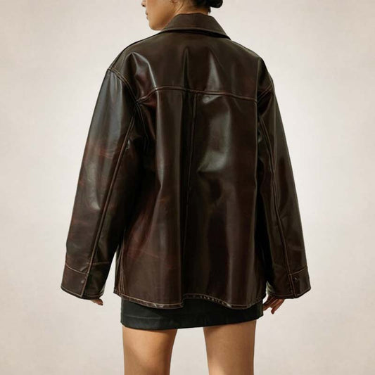 Women’s Oversized Brown Leather Shirt Jacket