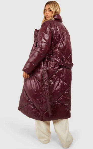 womens oversized puffer belted coat in maroon