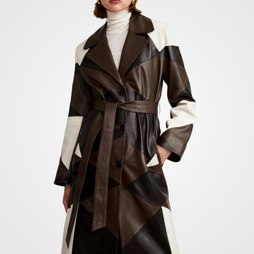 Women's Patchwork Leather Overcoat - Trendy Three-Tone Coat