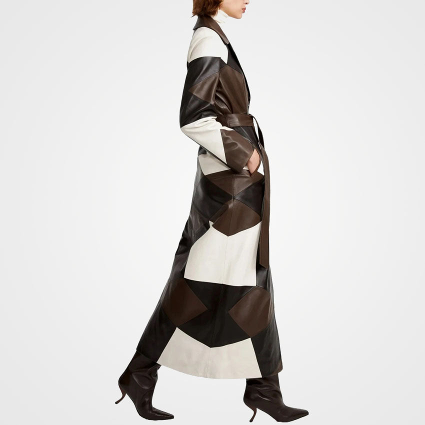 Women's Patchwork Leather Overcoat - Trendy Three-Tone Coat