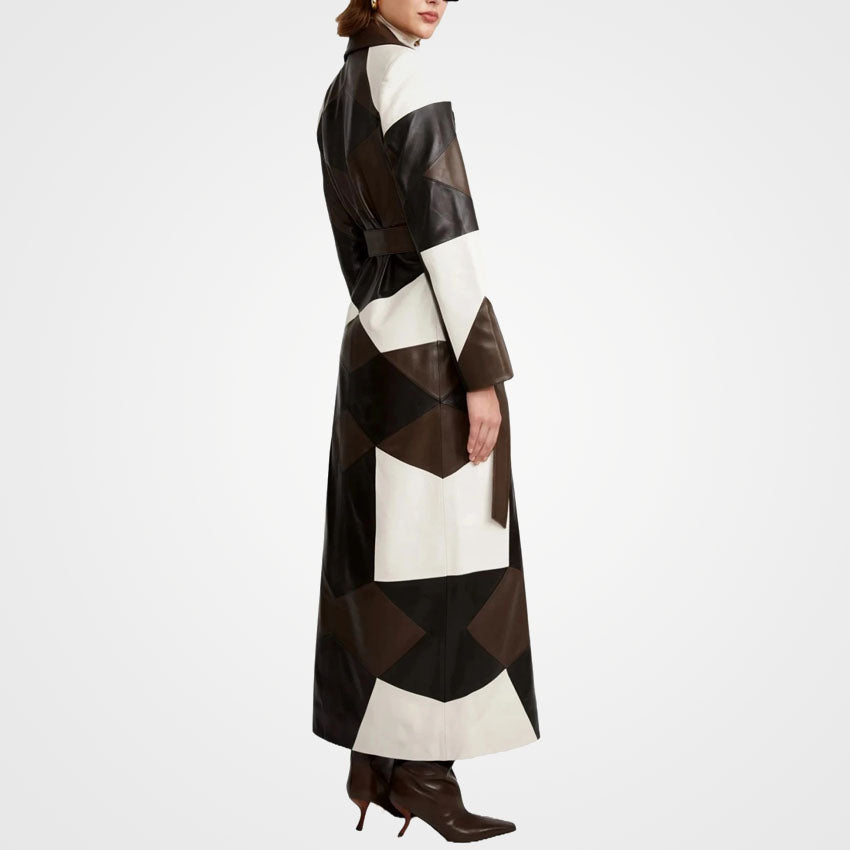 Women's Patchwork Leather Overcoat - Trendy Three-Tone Coat