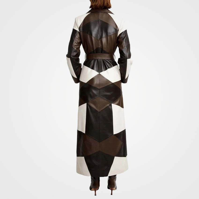 Women's Patchwork Leather Overcoat - Trendy Three-Tone Coat