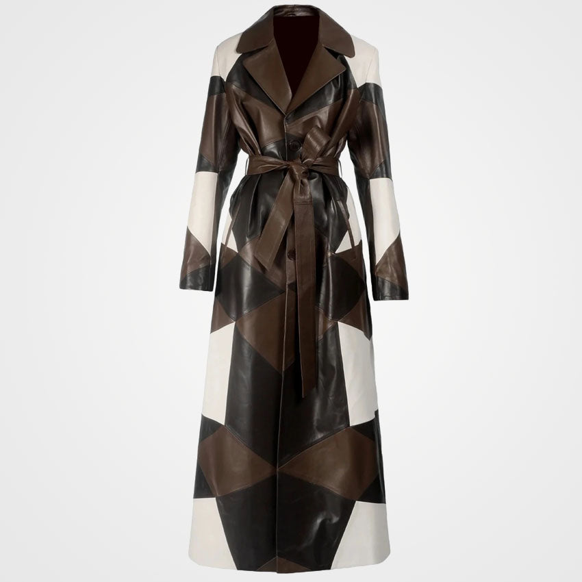 Women's Patchwork Leather Overcoat - Trendy Three-Tone Coat