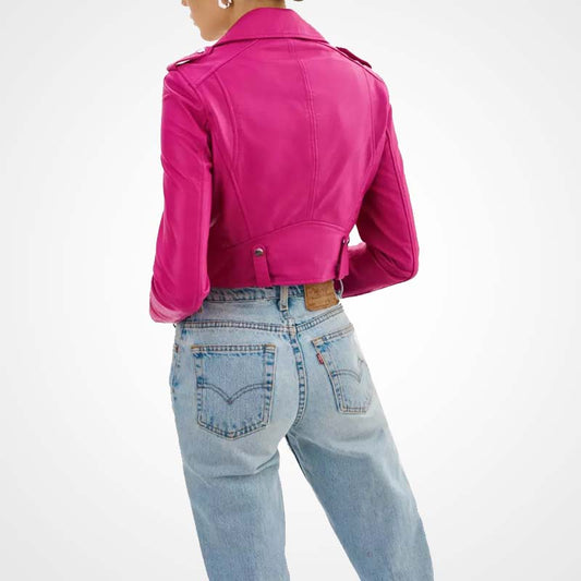 Women's Pink Cropped Lambskin Leather Biker Jacket