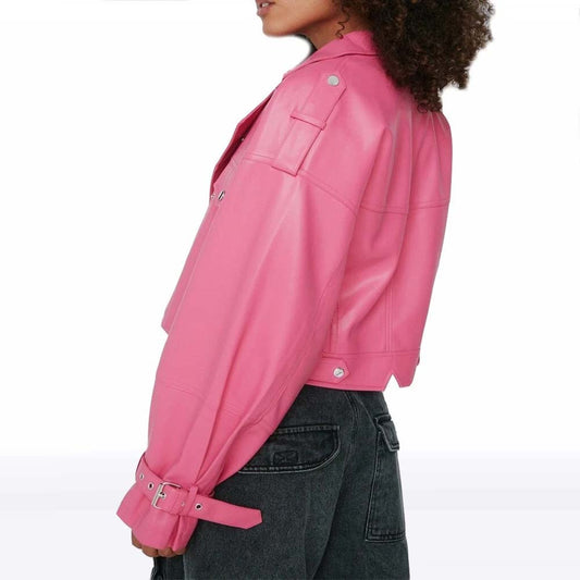 Women's Pink Cropped Leather Biker Jacket - Jackets Kingdom