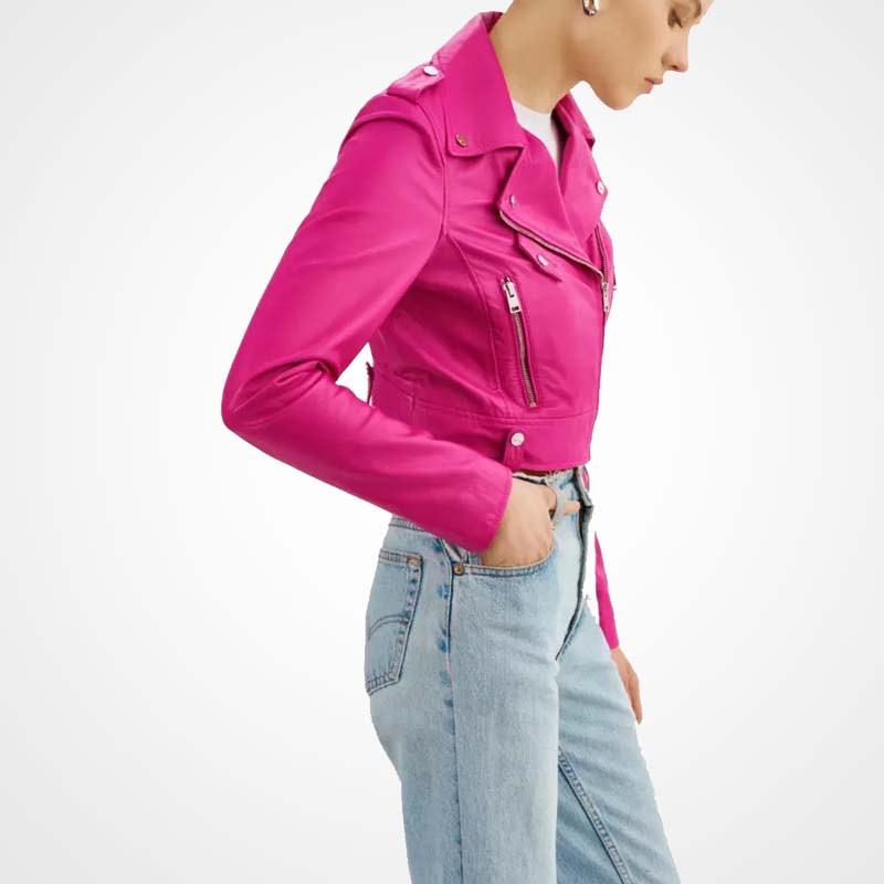 Women's Pink Cropped Lambskin Leather Biker Jacket