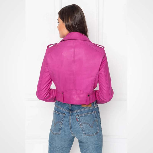 Women's Pink 100% Lambskin Leather Biker Jacket