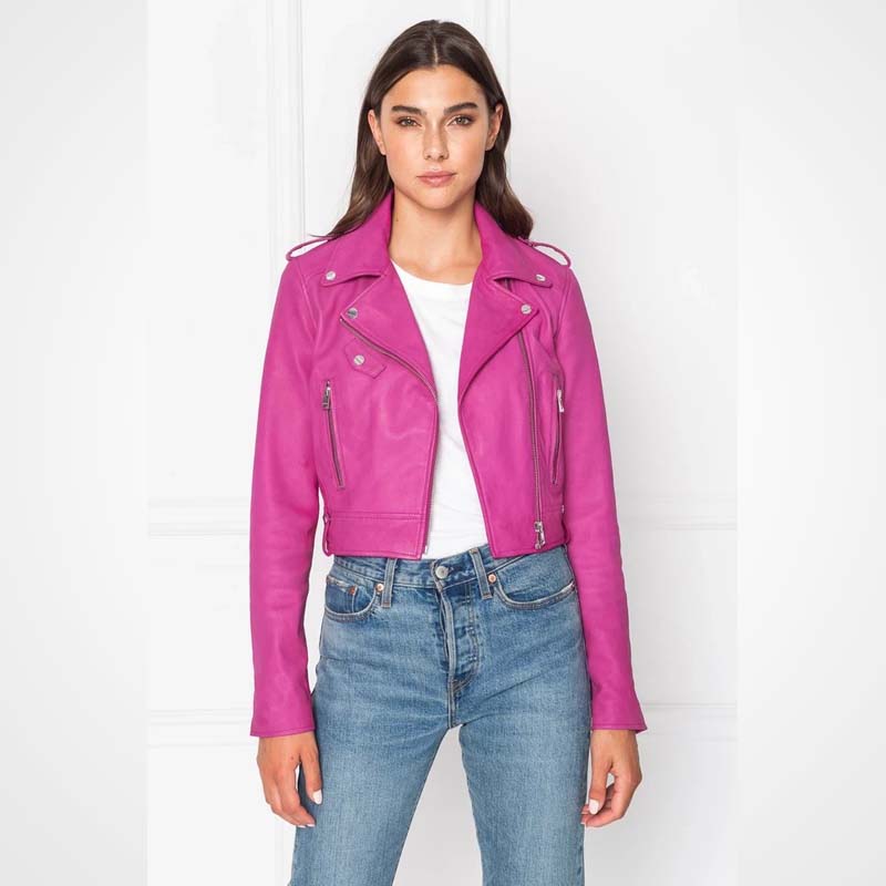 Women's Pink 100% Lambskin Leather Biker Jacket