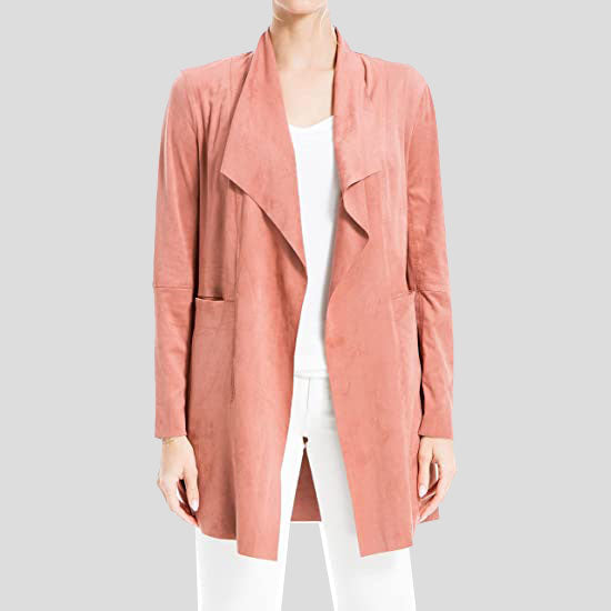 Pink Suede Leather Long Jacket for Women