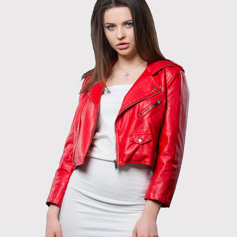 Women's Red Cropped Leather Motorbike Biker Jacket