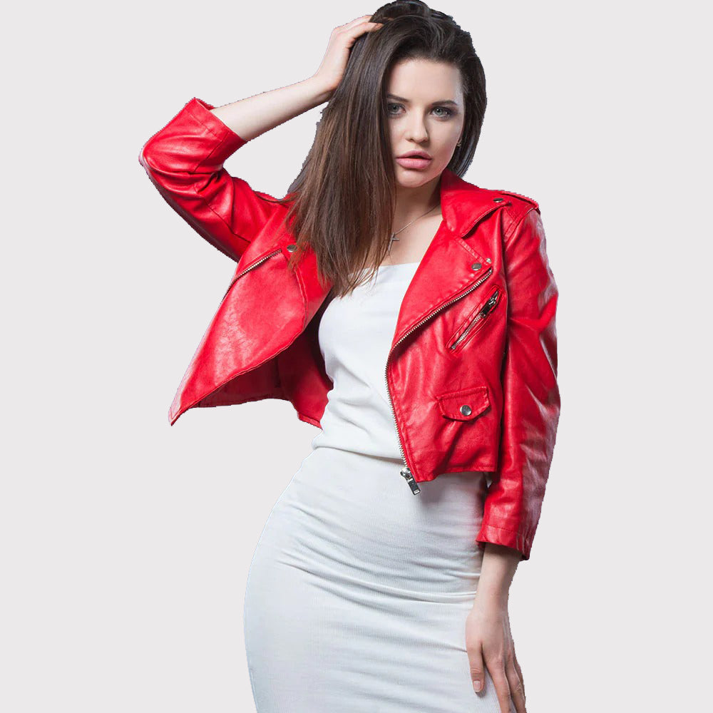 Women's Red Cropped Leather Motorbike Biker Jacket