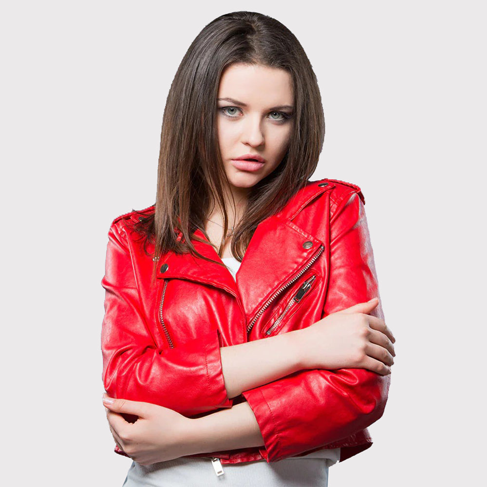 Women's Red Cropped Leather Motorbike Biker Jacket