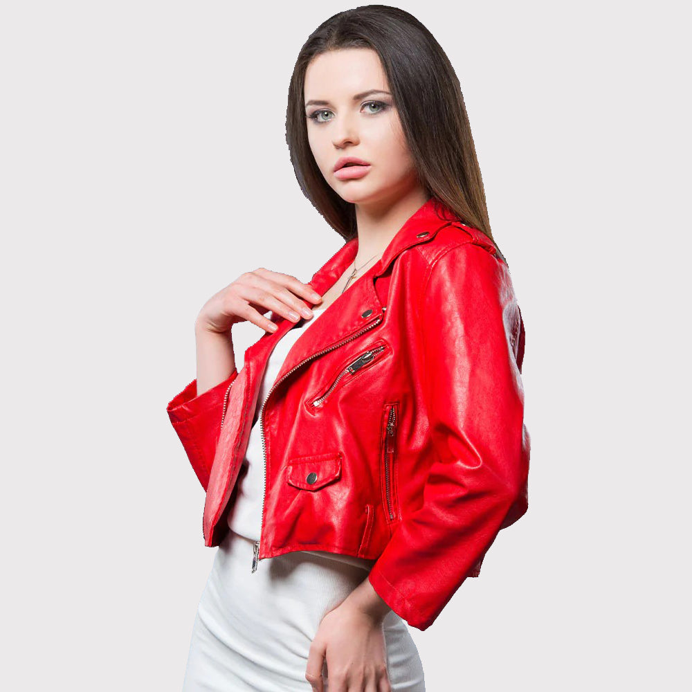 Women's Red Cropped Leather Motorbike Biker Jacket