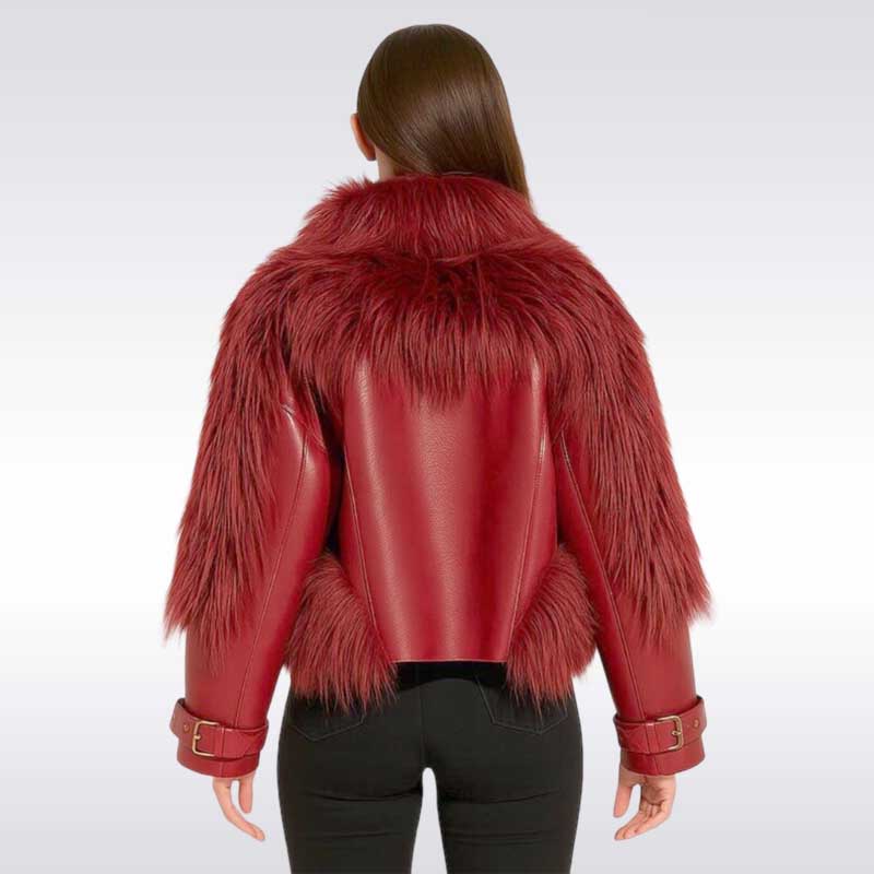 Women’s Red Faux Fur Shearling Leather Jacket