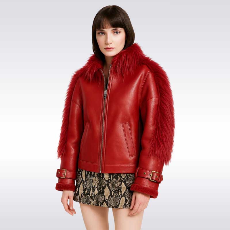 Women’s Red Faux Fur Shearling Leather Jacket