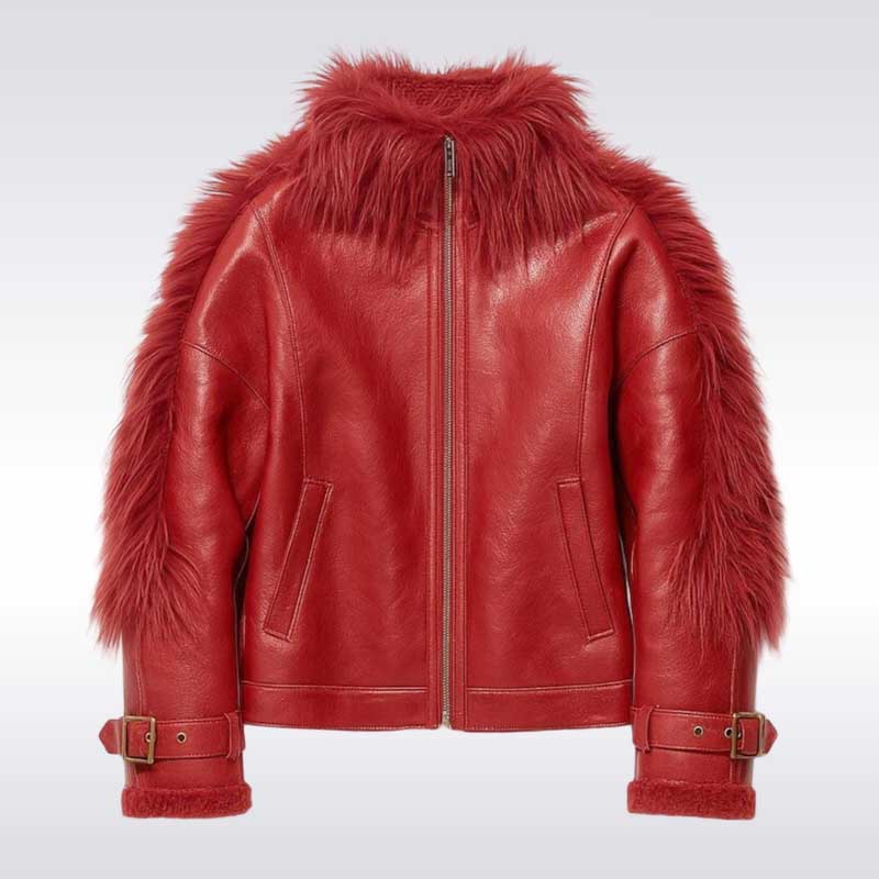 Women’s Red Faux Fur Shearling Leather Jacket