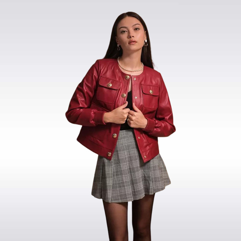 Women’s Red Leather Military Jacket