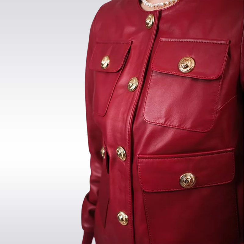 Women’s Red Leather Military Jacket
