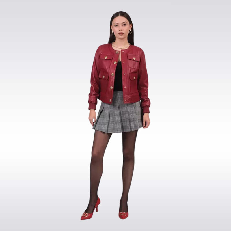 Women’s Red Leather Military Jacket