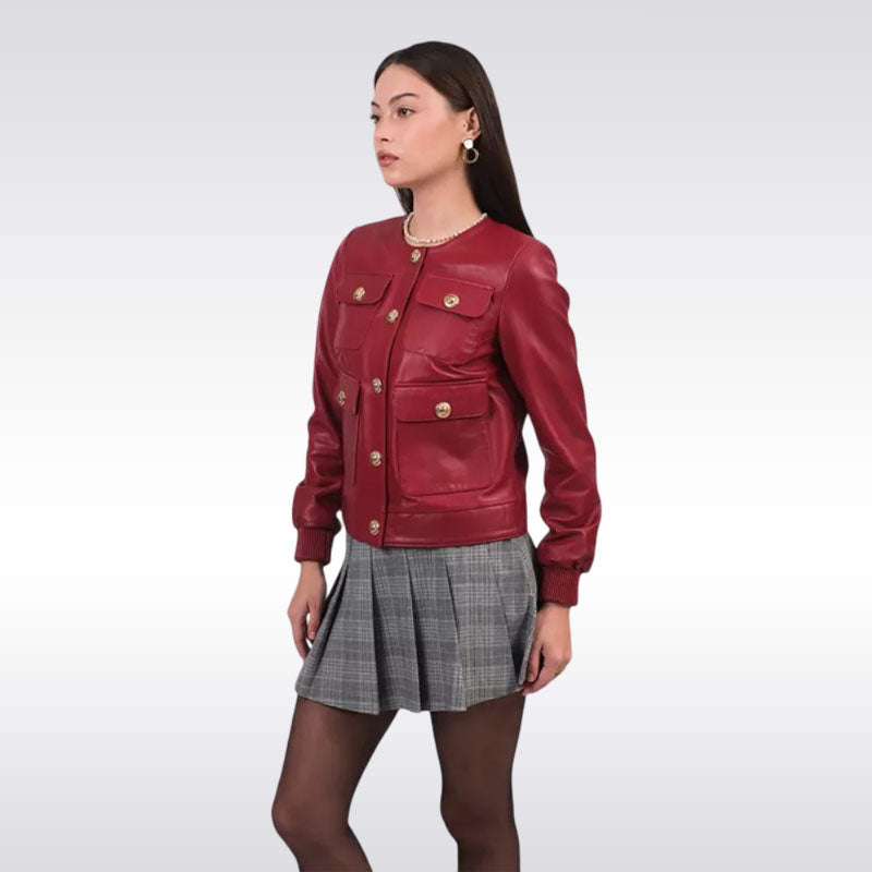 Women’s Red Leather Military Jacket
