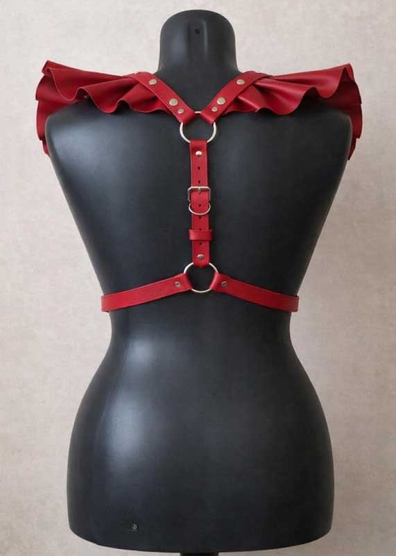 Womens Red Leather Ruffle Shoulder Harness