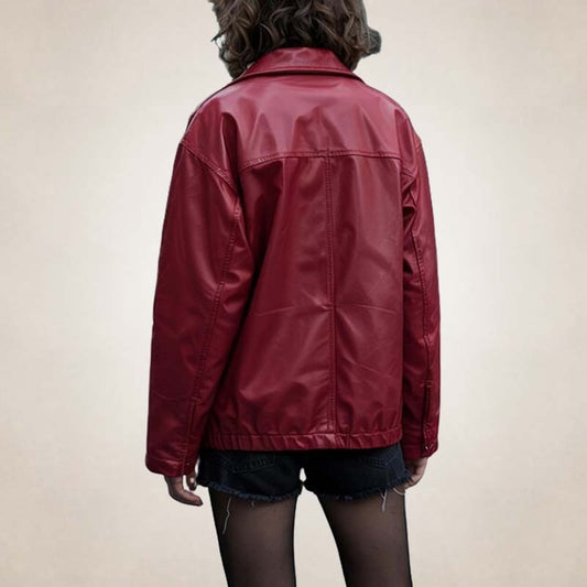 Women's red oversized leather bomber jacket with streetwear style