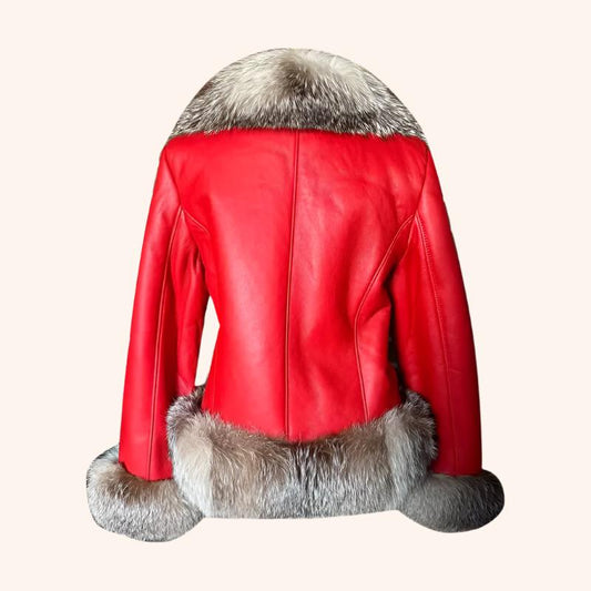 Women's Red Sheepskin Shearling Coat with Crystal Fox Fur