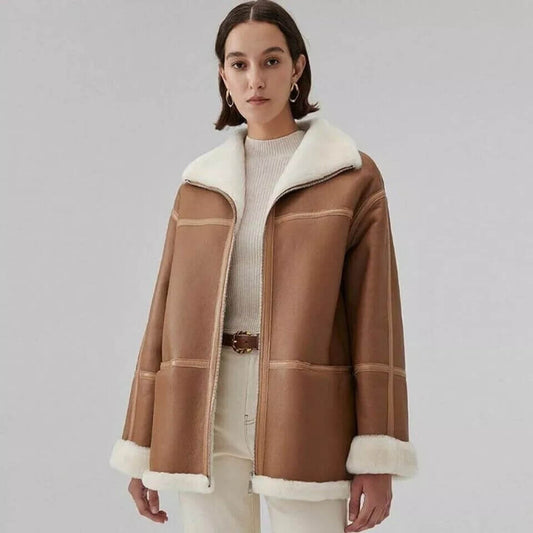 Women's Genuine Sheepskin Brown Aviator Shearling Jacket Coat womens sheepskin aviator shearling jacket