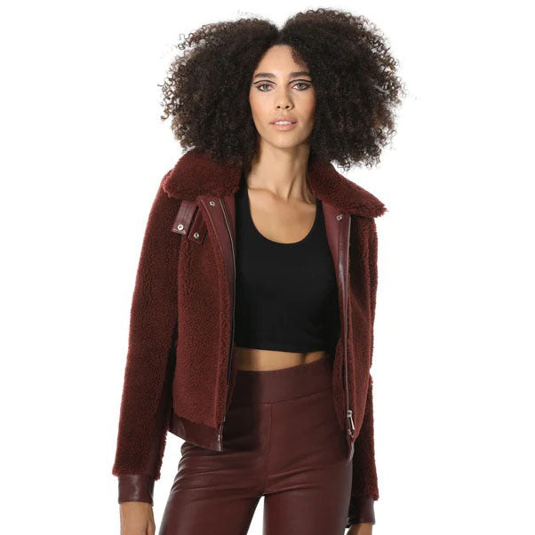 Women's Burgundy Short Sheepskin Fur Jacket with Curly Fur