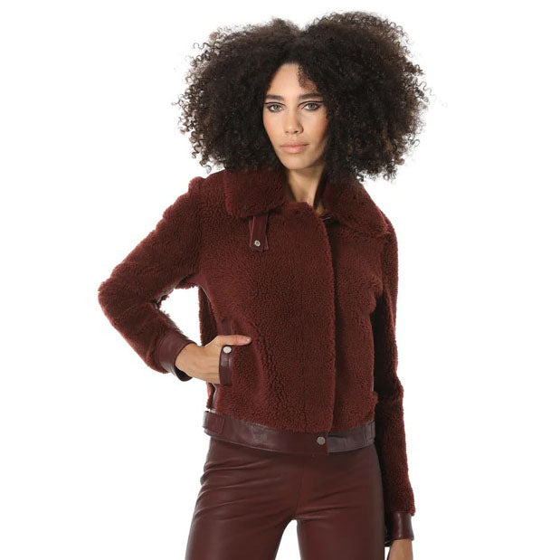 Women's Burgundy Short Sheepskin Fur Jacket with Curly Fur