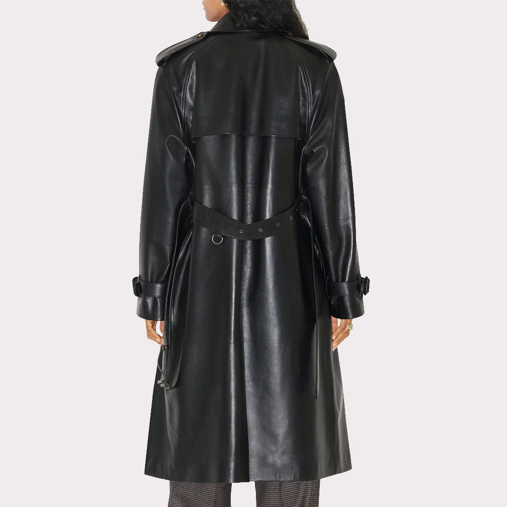 Statement Black Women's Leather Trench Coat - Longline Elegance