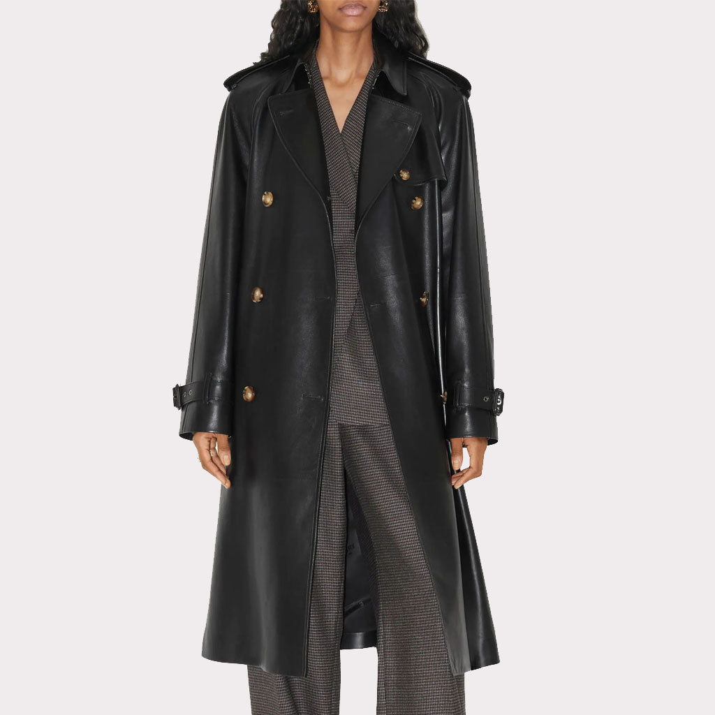 Statement Black Women's Leather Trench Coat Longline Elegance