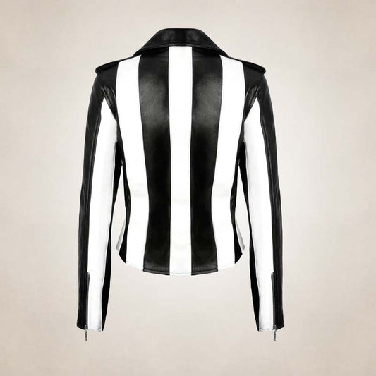 back view of black and white striped leather moto jacket
