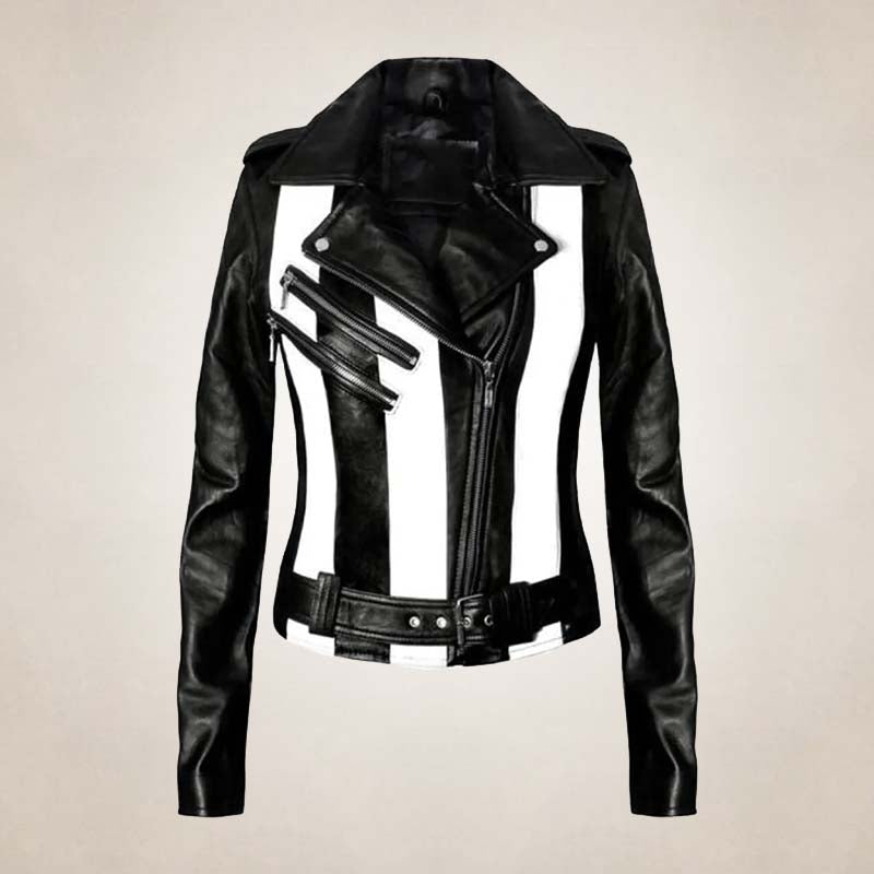 women's black and white leather biker jacket front view
