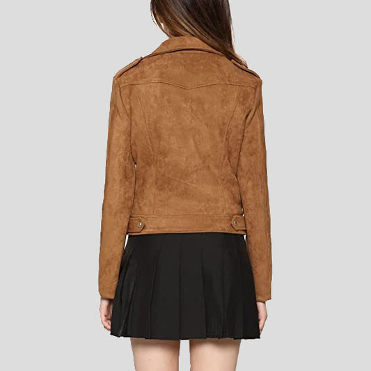 Women's Stylish Suede Leather Moto Jacket | Oblique Zip, Notched Collar