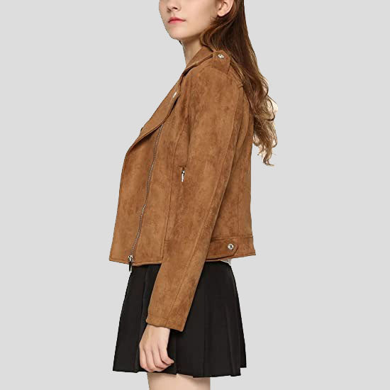 Women's Stylish Suede Leather Moto Jacket | Oblique Zip, Notched Collar