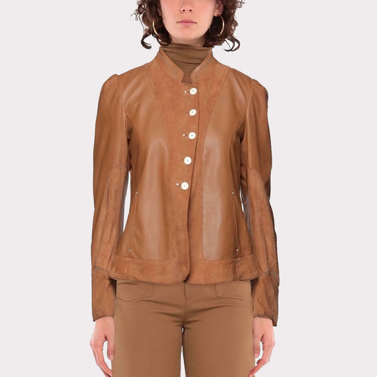 Women's Single-Breasted Leather and Suede Jacket with Mandarin Collar Women's Leather and Suede Jacket with Mandarin Collar