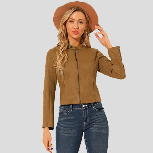 Women's Suede Jacket Stand Collar Zip Up Long Sleeve Motorcycle Biker Coat