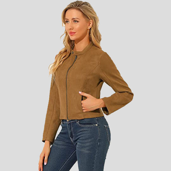 Women's Suede Jacket Stand Collar Zip Up Long Sleeve Motorcycle Biker Coat