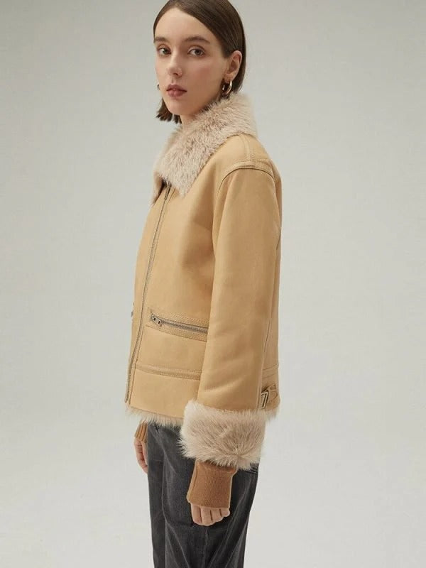 Women's Tan Brown Shearling Bomber Leather Jacket