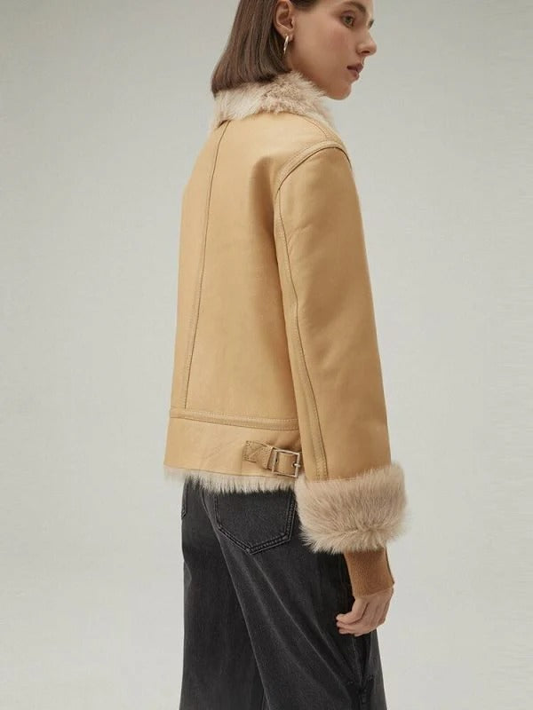 Women's Tan Brown Shearling Bomber Leather Jacket