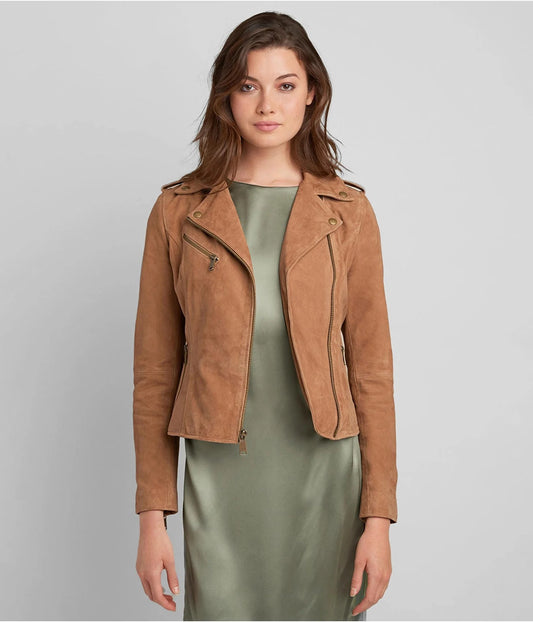 Women's Tan Brown Suede Leather Moto Jacket Women's Tan Brown Suede Leather Moto Jacket