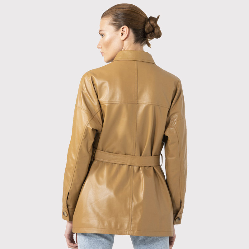 Women's Tan Leather Belted Style Coat