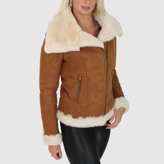 Women's Tan Shearling Leather Jacket