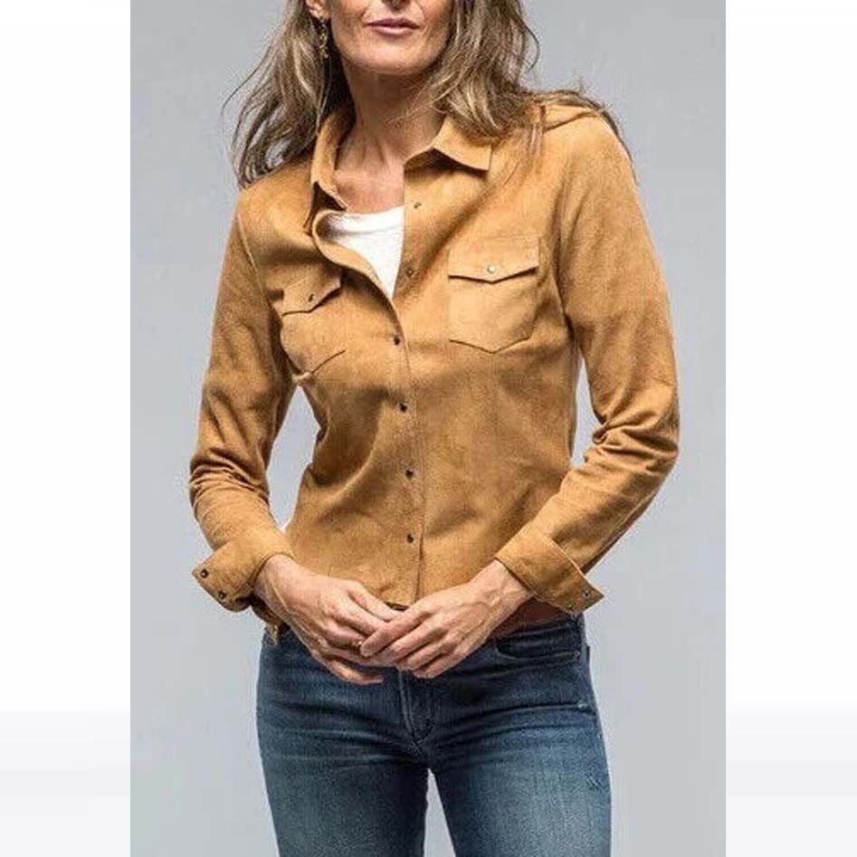 Tan Suede Leather Shirt Jacket for Women