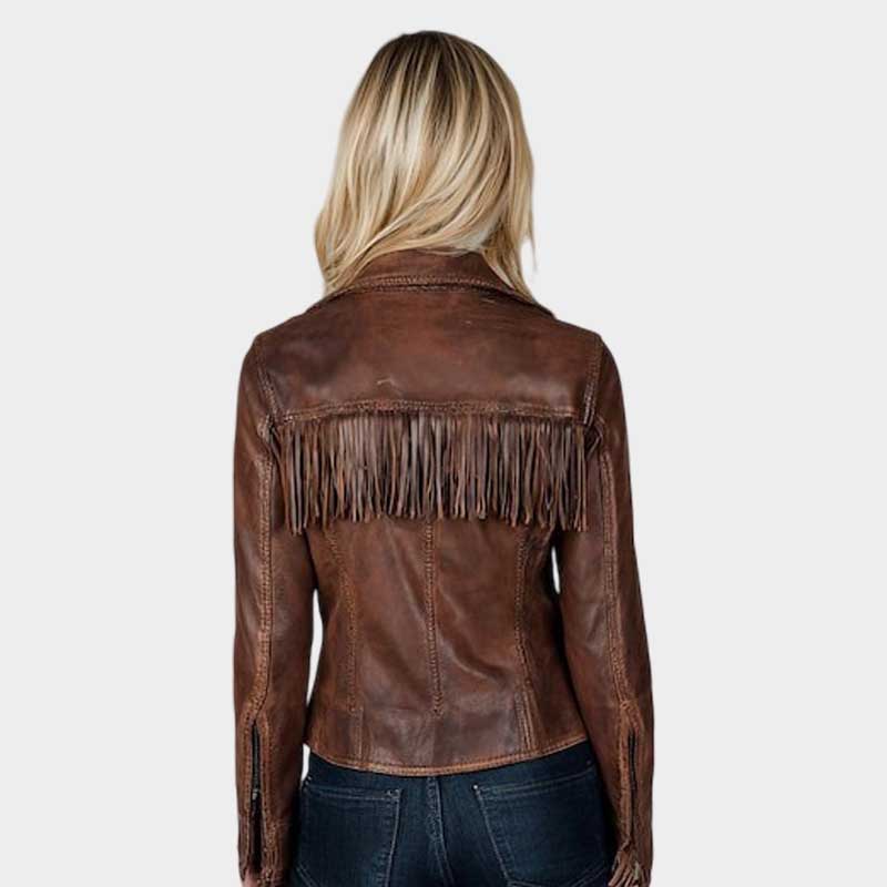Handmade fringe leather jacket in genuine lambskin with detailed fringe on chest and sleeves